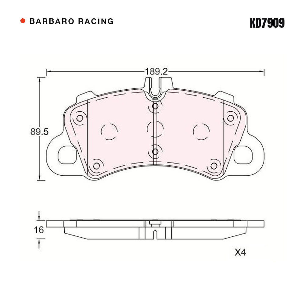 Barbaro Racing KD7909 brake pad shape drawing - 189.2 x 89.6 x 16 mm