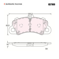 Barbaro Racing KD7909 brake pad shape drawing - 189.2 x 89.6 x 16 mm