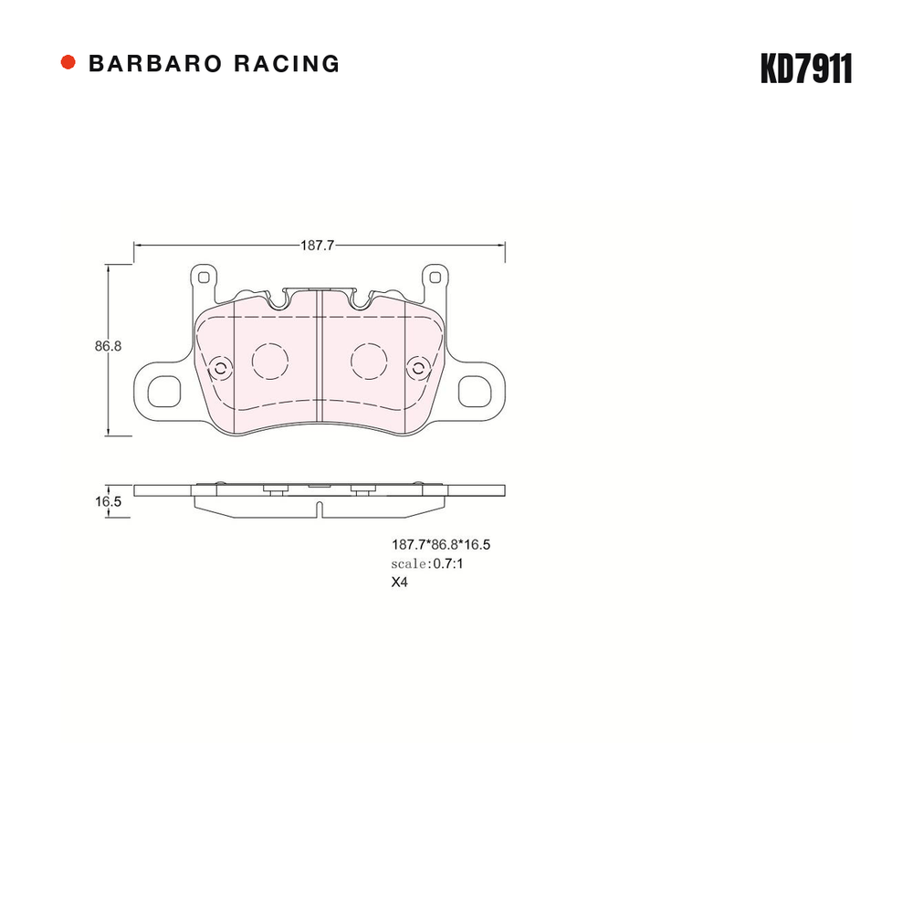 Barbaro Racing KD7911 brake pad shape drawing - 187.7 x 86.8 x 16.5 mm
