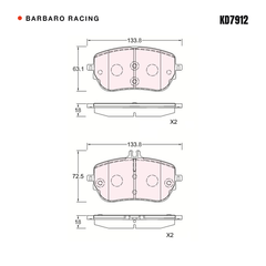 Barbaro Racing KD7912 brake pad shape drawing - 133.8 x 63.1 x 18 mm