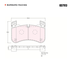 Barbaro Racing KD7913 brake pad shape drawing - 152.4 x 96.2 x 16 mm