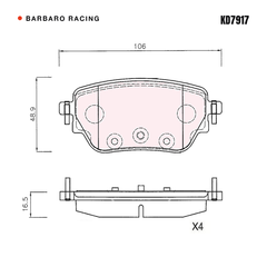 Barbaro Racing KD7917 brake pad shape drawing - 106 x 48.9 x 16.5 mm