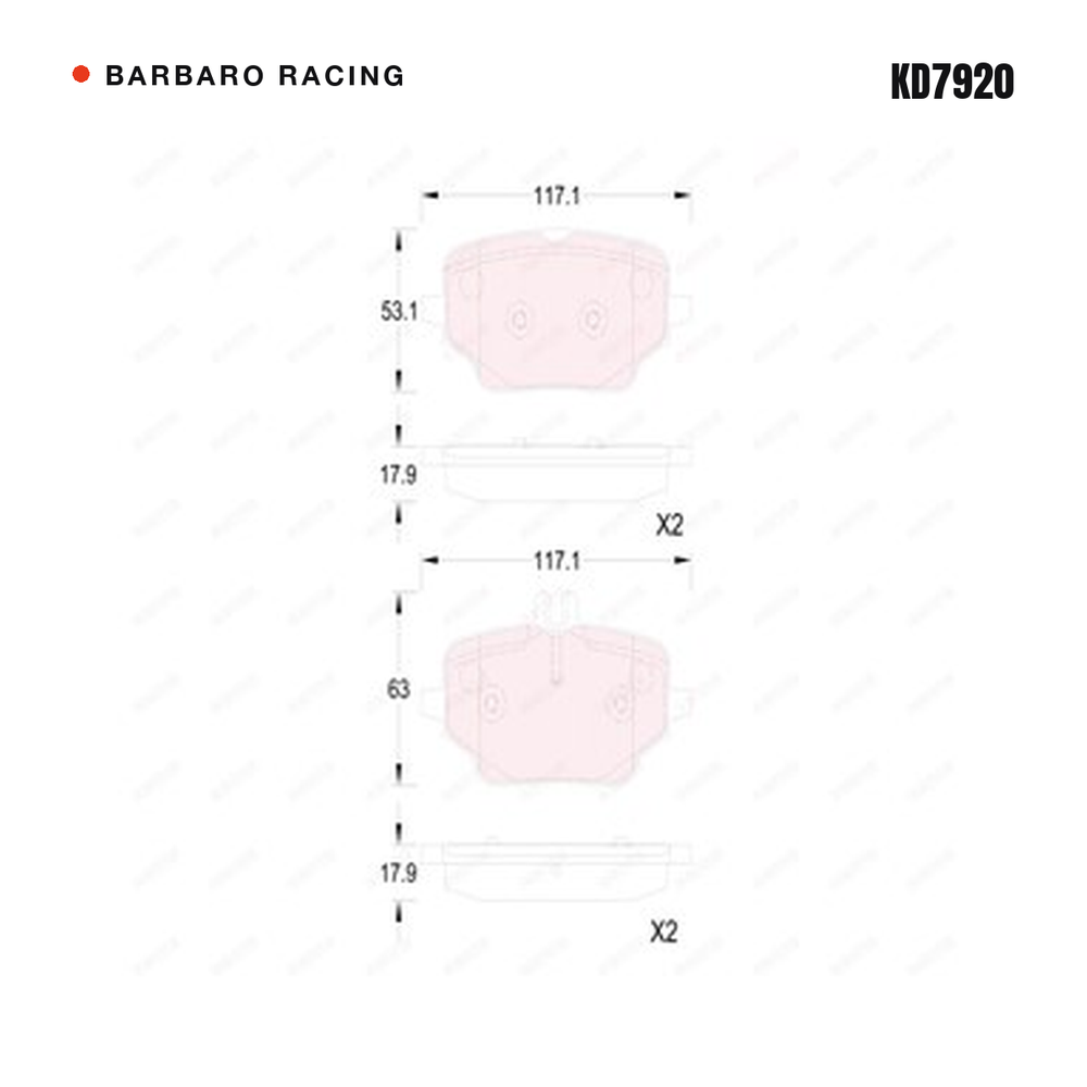 Barbaro Racing KD7920 brake pad shape drawing - 117.1 x 53.1 x 17.9 mm