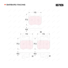 Barbaro Racing KD7926 brake pad shape drawing - 113 x 77.3 x 14.4 mm