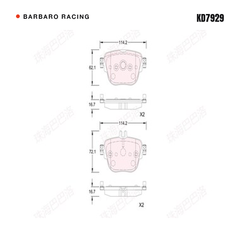 Barbaro Racing KD7929 brake pad shape drawing - 114.2 x 72.1 x 16.7 mm