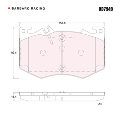 Barbaro Racing KD7949 brake pad shape drawing - 153.8 x 92.4 x 15.4 mm