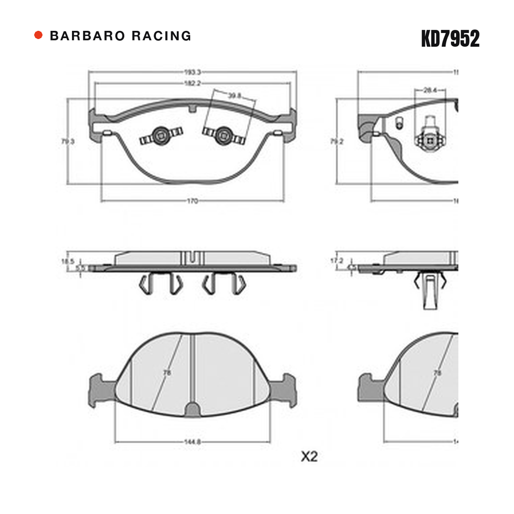 Barbaro Racing KD7952 brake pad shape drawing - 193.3 x 79.3 x 18.5 mm