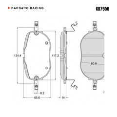 Barbaro Racing KD7956 brake pad shape drawing - 134.4 x 65.6 x 14 mm