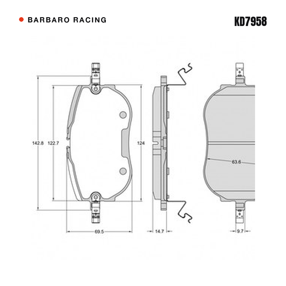 Barbaro Racing KD7958 brake pad shape drawing - 142.8 x 69.5 x 14.7 mm