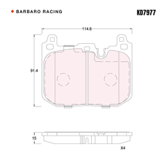 Barbaro Racing KD7977 brake pad shape drawing - 114.6 x 91.4 x 15 mm
