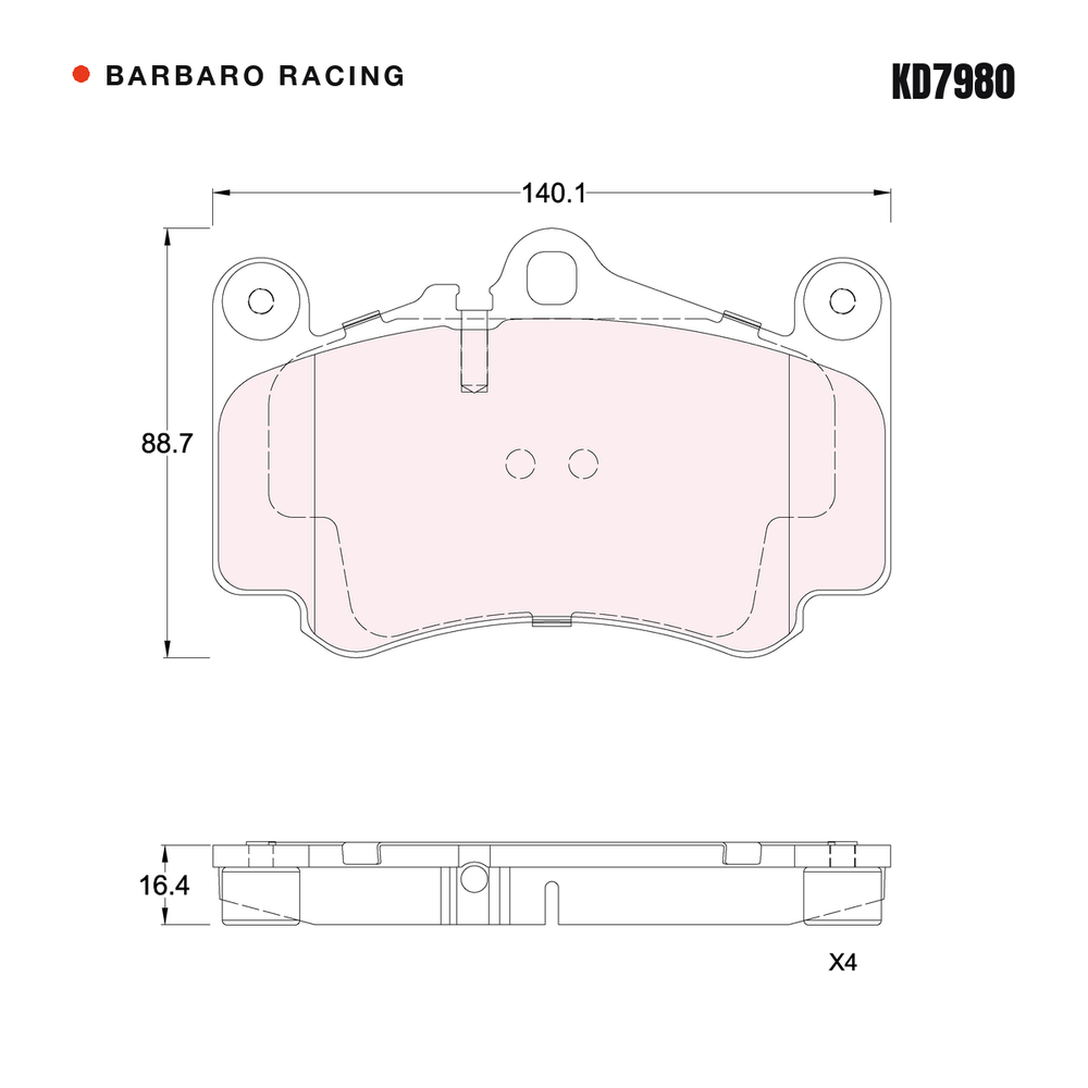 Barbaro Racing KD7980 brake pad shape drawing - 140.1 x 88.7 x 16.4 mm