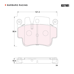 Barbaro Racing KD7981 brake pad shape drawing - 121.3 x 90.4 x 16.4 mm