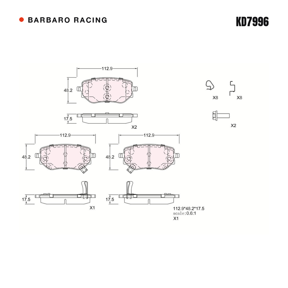Barbaro Racing KD7996 brake pad shape drawing - 112.9 x 48.2 x 17.5 mm