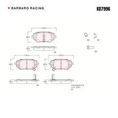 Barbaro Racing KD7996 brake pad shape drawing - 112.9 x 48.2 x 17.5 mm
