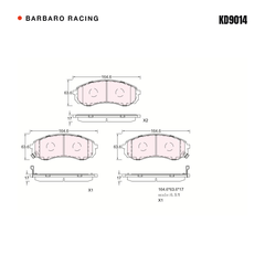 Barbaro Racing KD9014 brake pad shape drawing - 164.6 x 63.6 x 17 mm