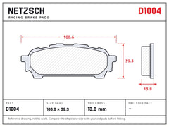 NETZSCH D1004 brake pad drawing, 13.8 mm thick