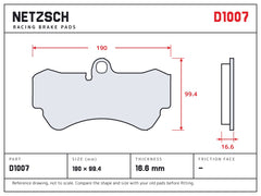 NETZSCH D1007 brake pad drawing, 16.6 mm thick