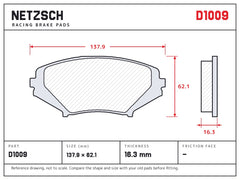 NETZSCH D1009 brake pad drawing, 16.3 mm thick
