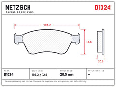 NETZSCH D1024 brake pad drawing, 20.5 mm thick