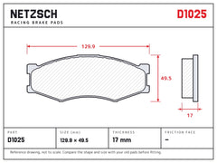 NETZSCH D1025 brake pad drawing, 17 mm thick