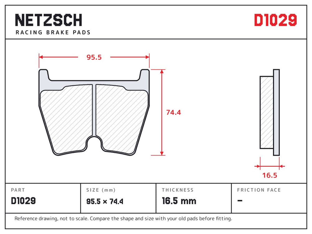 NETZSCH D1029 brake pad drawing, 16.5 mm thick