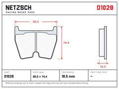 NETZSCH D1029 brake pad drawing, 16.5 mm thick