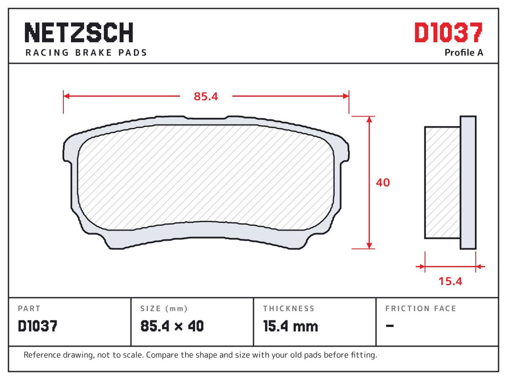 NETZSCH D1037 brake pad drawing, 15.4 mm thick