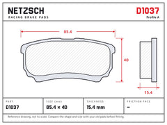 NETZSCH D1037 brake pad drawing, 15.4 mm thick