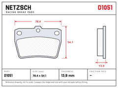 NETZSCH D1051 brake pad drawing, 13.9 mm thick