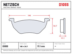 NETZSCH D1055 brake pad drawing, 17.1 mm thick