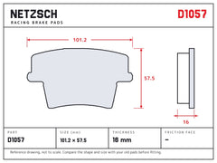 NETZSCH D1057 brake pad drawing, 16 mm thick