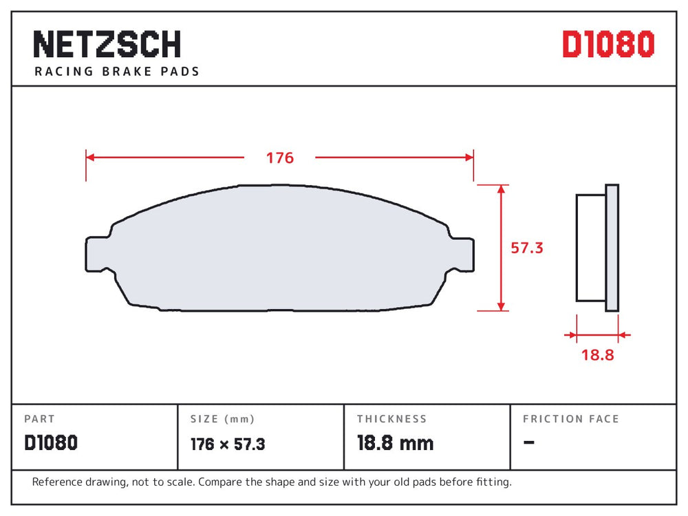 NETZSCH D1080 brake pad drawing, 18.8 mm thick