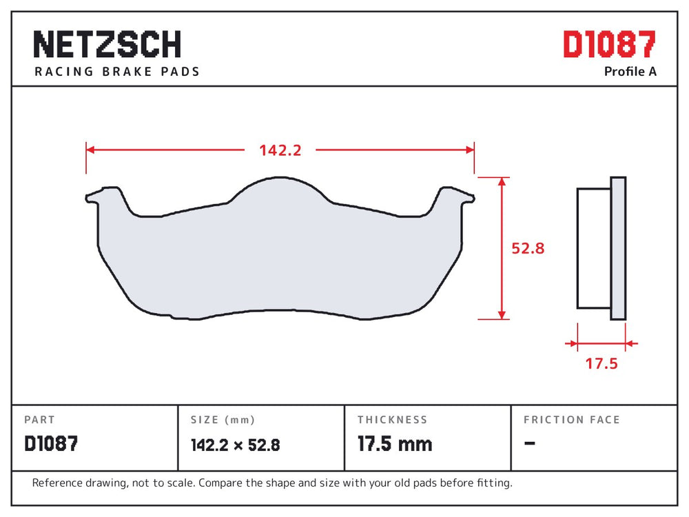 NETZSCH D1087 brake pad drawing, 17.5 mm thick
