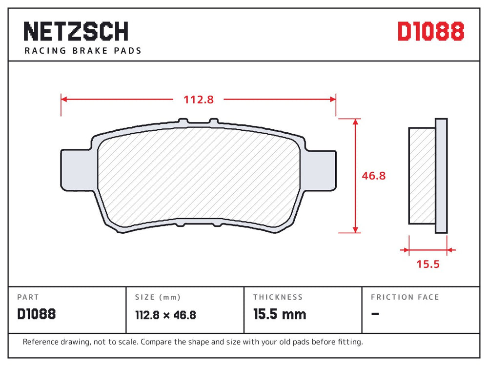 NETZSCH D1088 brake pad drawing, 15.5 mm thick