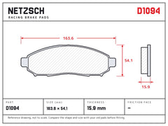 NETZSCH D1094 brake pad drawing, 15.9 mm thick