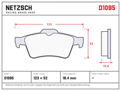 NETZSCH D1095 brake pad drawing, 16.4 mm thick