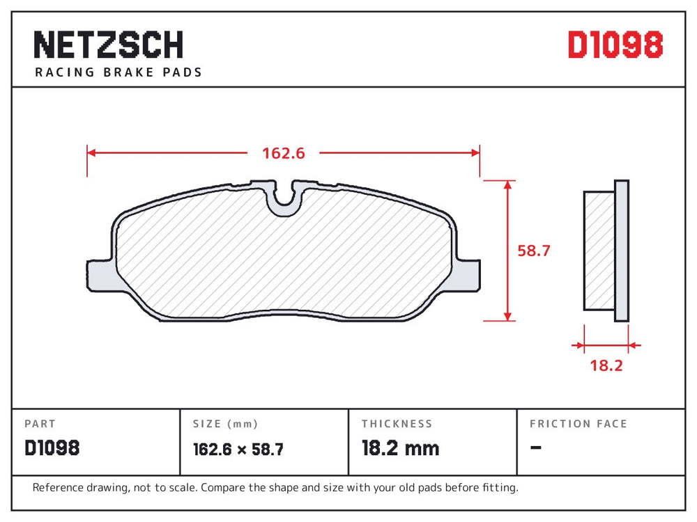 NETZSCH D1098 brake pad drawing, 18.2 mm thick
