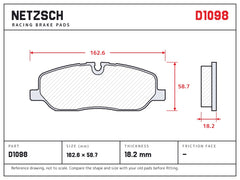 NETZSCH D1098 brake pad drawing, 18.2 mm thick