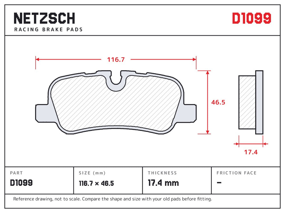NETZSCH D1099 brake pad drawing, 17.4 mm thick