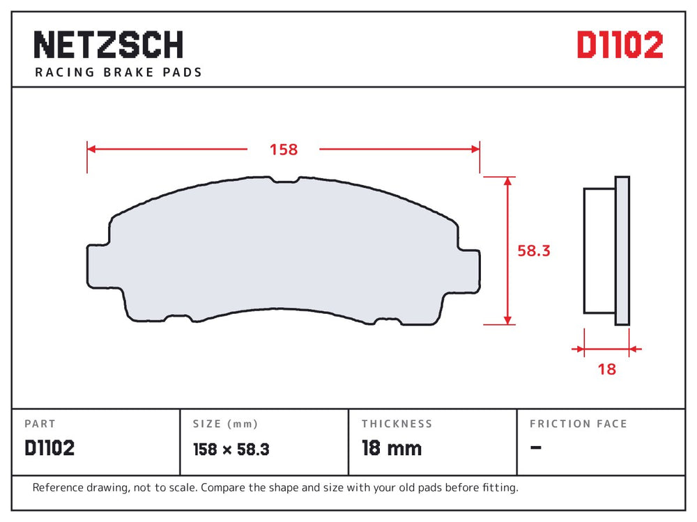NETZSCH D1102 brake pad drawing, 18 mm thick