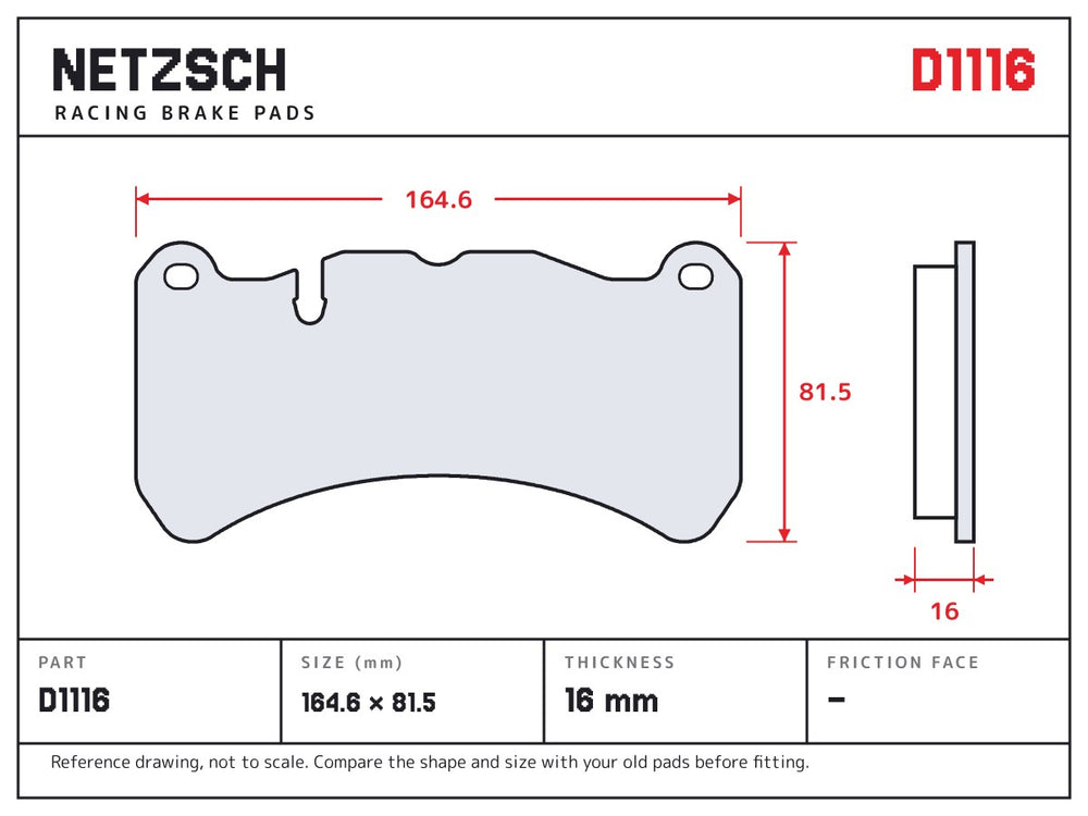 NETZSCH D1116 brake pad drawing, 16 mm thick