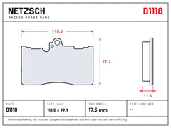 NETZSCH D1118 brake pad drawing, 17.5 mm thick