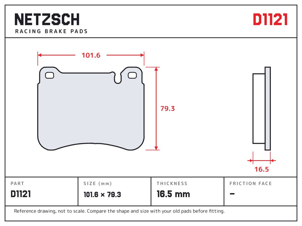NETZSCH D1121 brake pad drawing, 16.5 mm thick