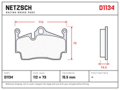 NETZSCH D1134 brake pad drawing, 15.5 mm thick