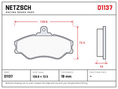 NETZSCH D1137 brake pad drawing, 19 mm thick