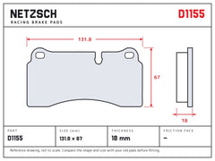 NETZSCH D1155 brake pad drawing, 18 mm thick