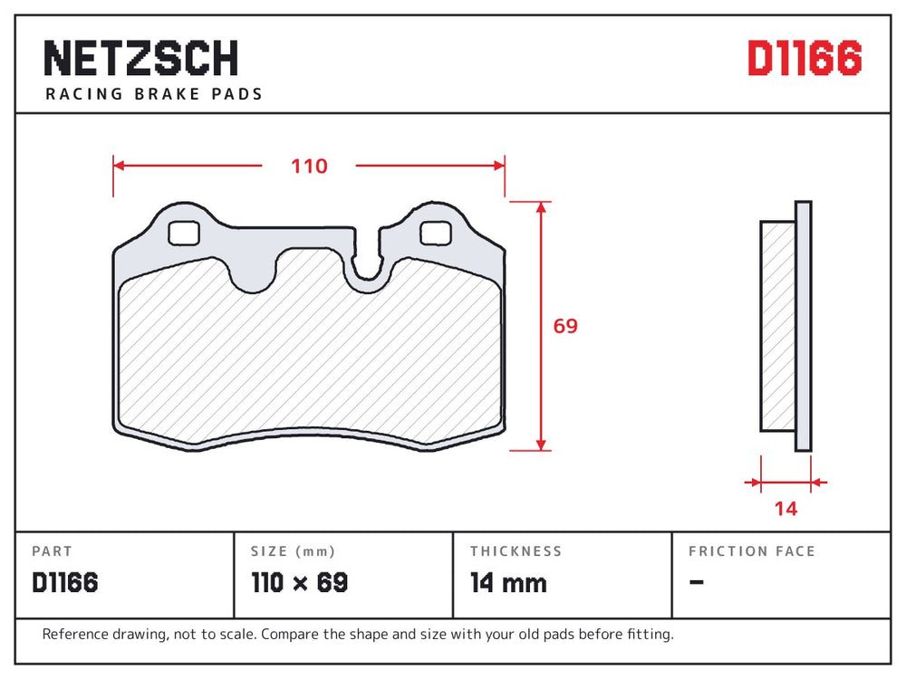 NETZSCH D1166 brake pad drawing, 14 mm thick