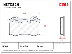 NETZSCH D1166 brake pad drawing, 14 mm thick