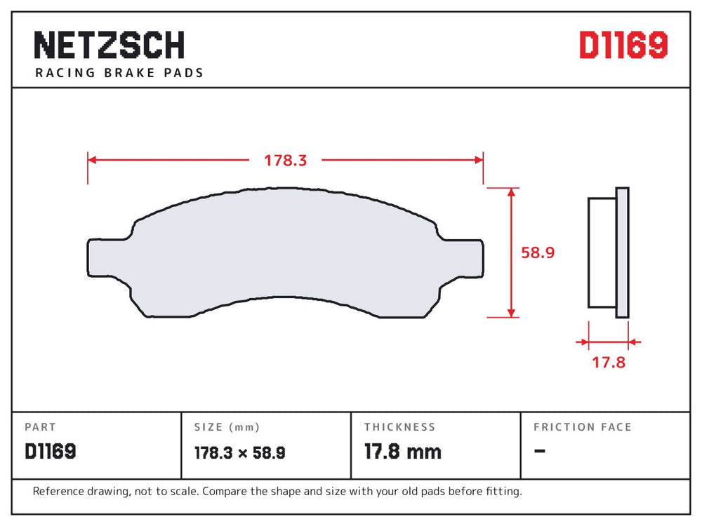 NETZSCH D1169 brake pad drawing, 17.8 mm thick