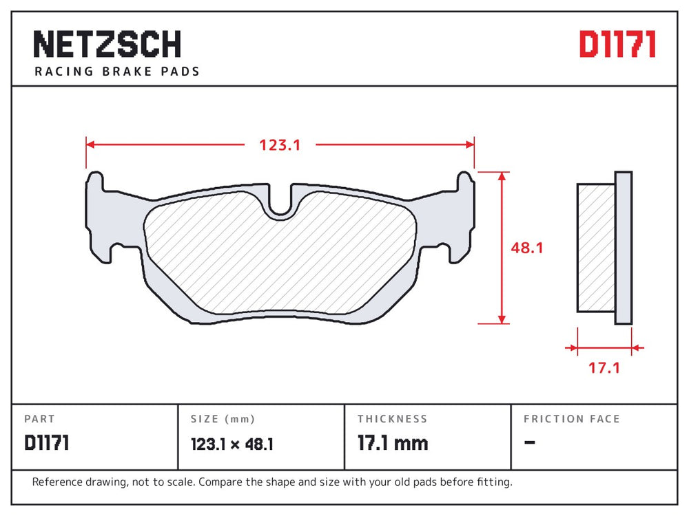 NETZSCH D1171 brake pad drawing, 17.1 mm thick